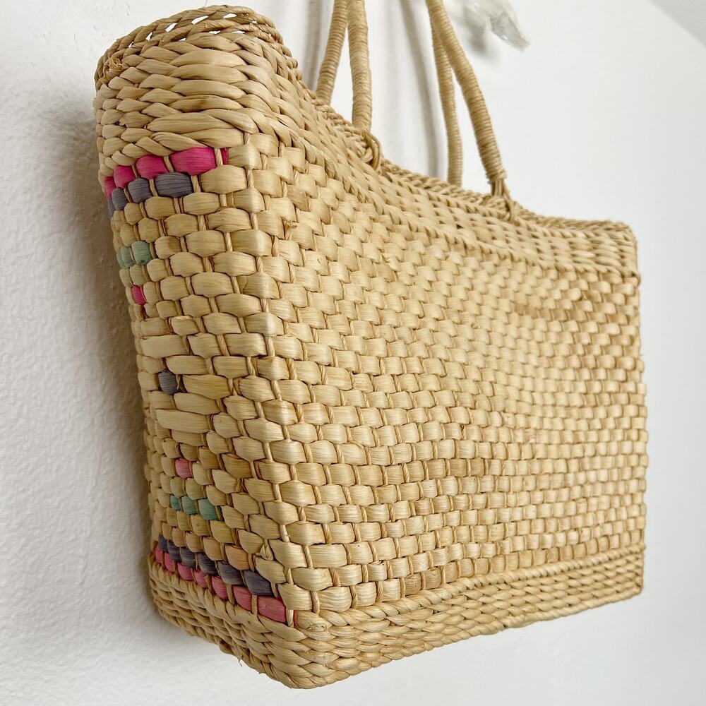 Vintage Woven Straw Tote Bag Boho Market Basket Painted Tribal Aztec Detail - Picture 5 of 11